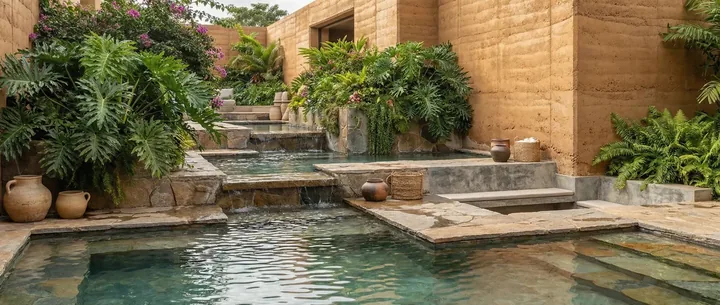 Patio de agua de Tierra Habitada entre muros de tapia y jardines