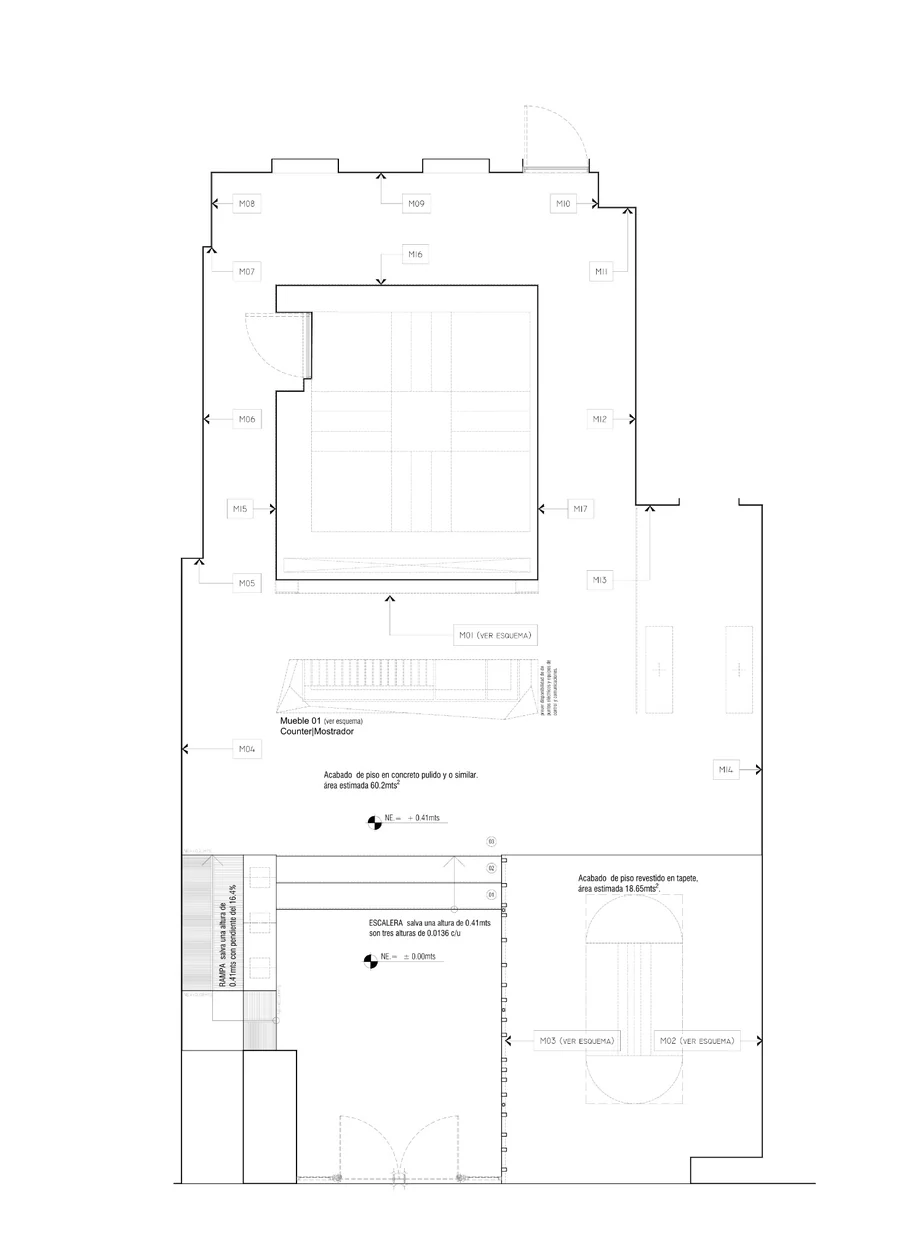 Planta general de distribución, acabados y mobiliario