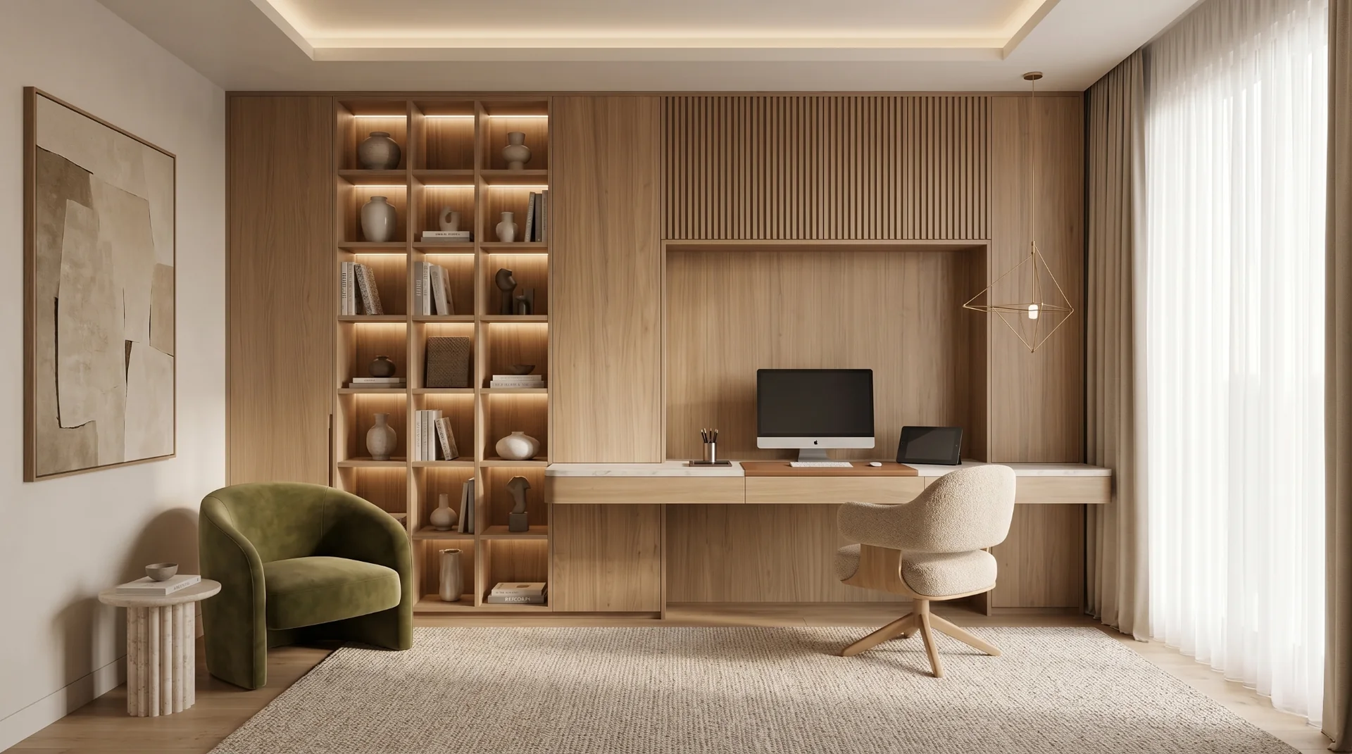 Estudio doméstico con biblioteca iluminada