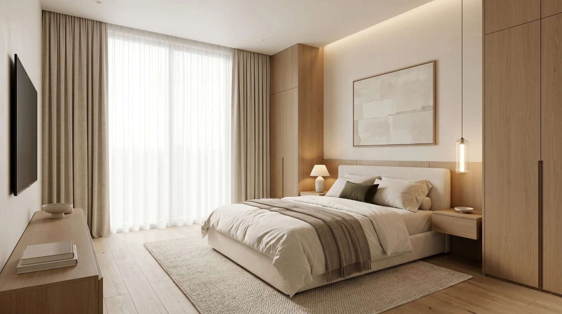 Habitación auxiliar con cama tapizada y carpintería integrada