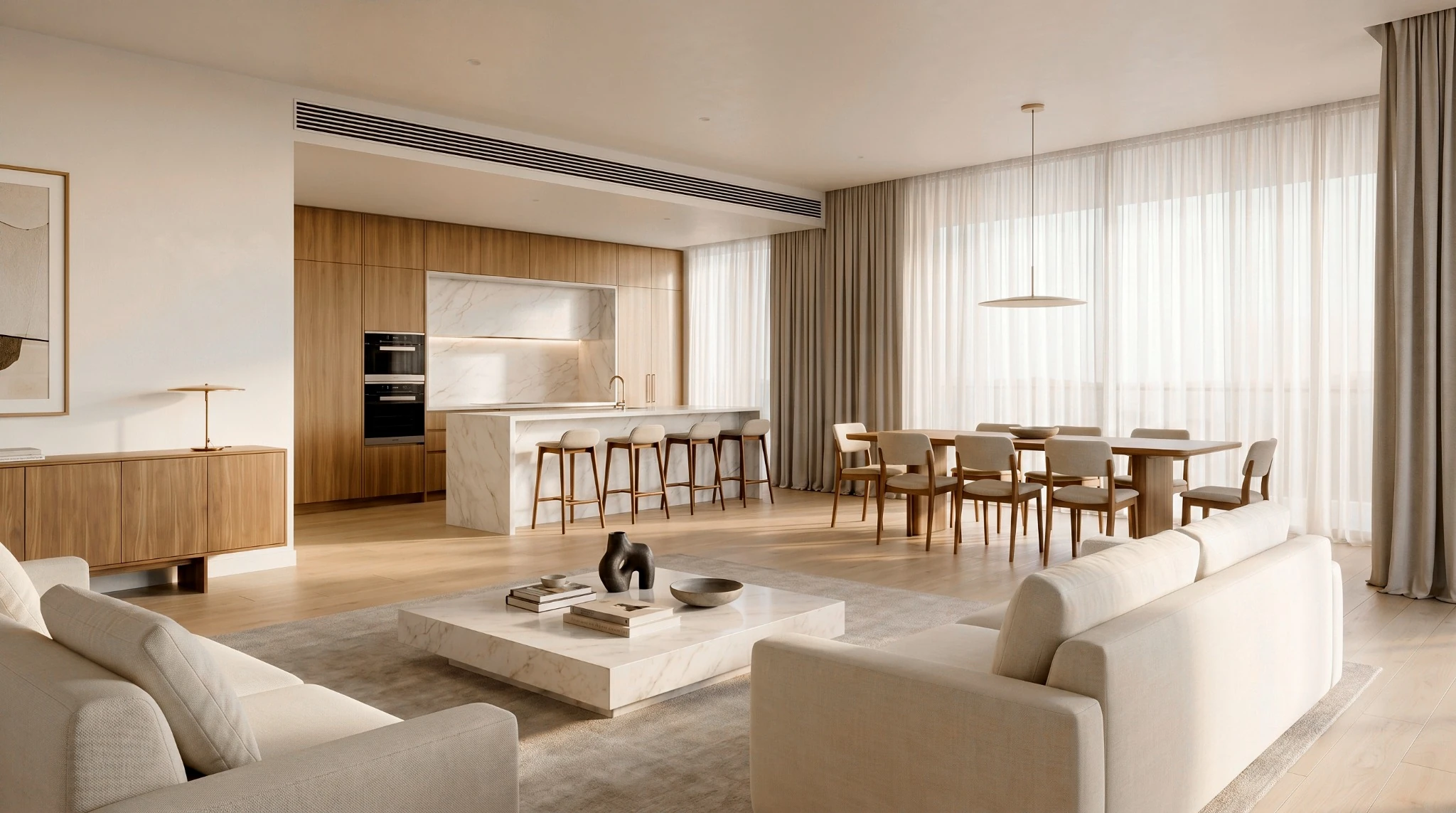 Zona social integrada con sala, comedor y cocina
