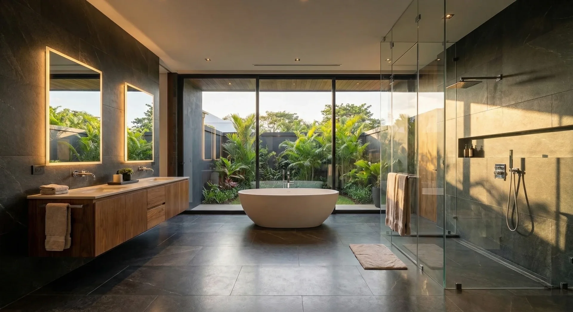 Baño principal con bañera exenta y ducha de vidrio
