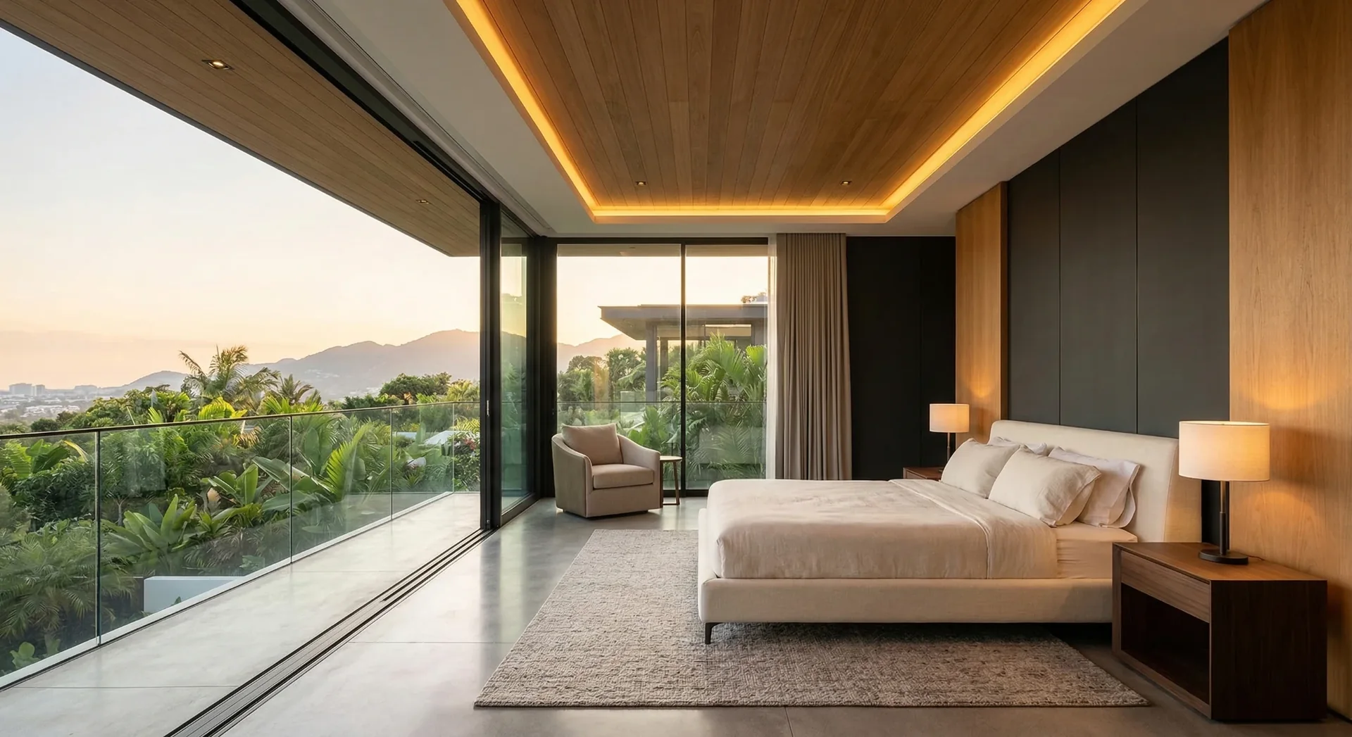 Suite principal abierta a una terraza con vista al paisaje
