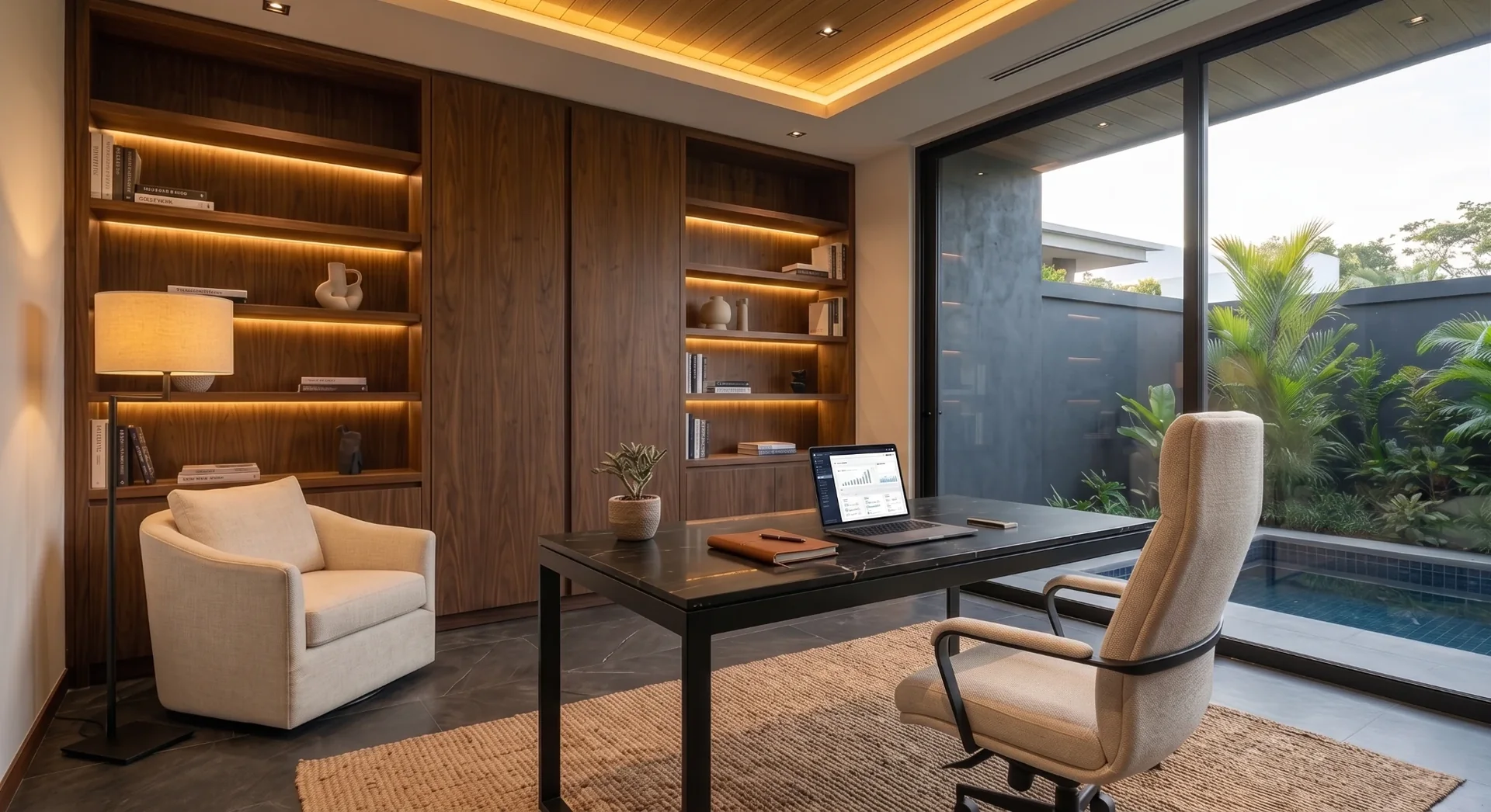 Estudio con biblioteca de madera y vista al jardín